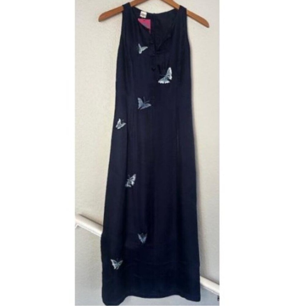 NEW Urban Native 100% Silk Embroidered Butterfly Maxi Dress Boho Lagenlook Blue